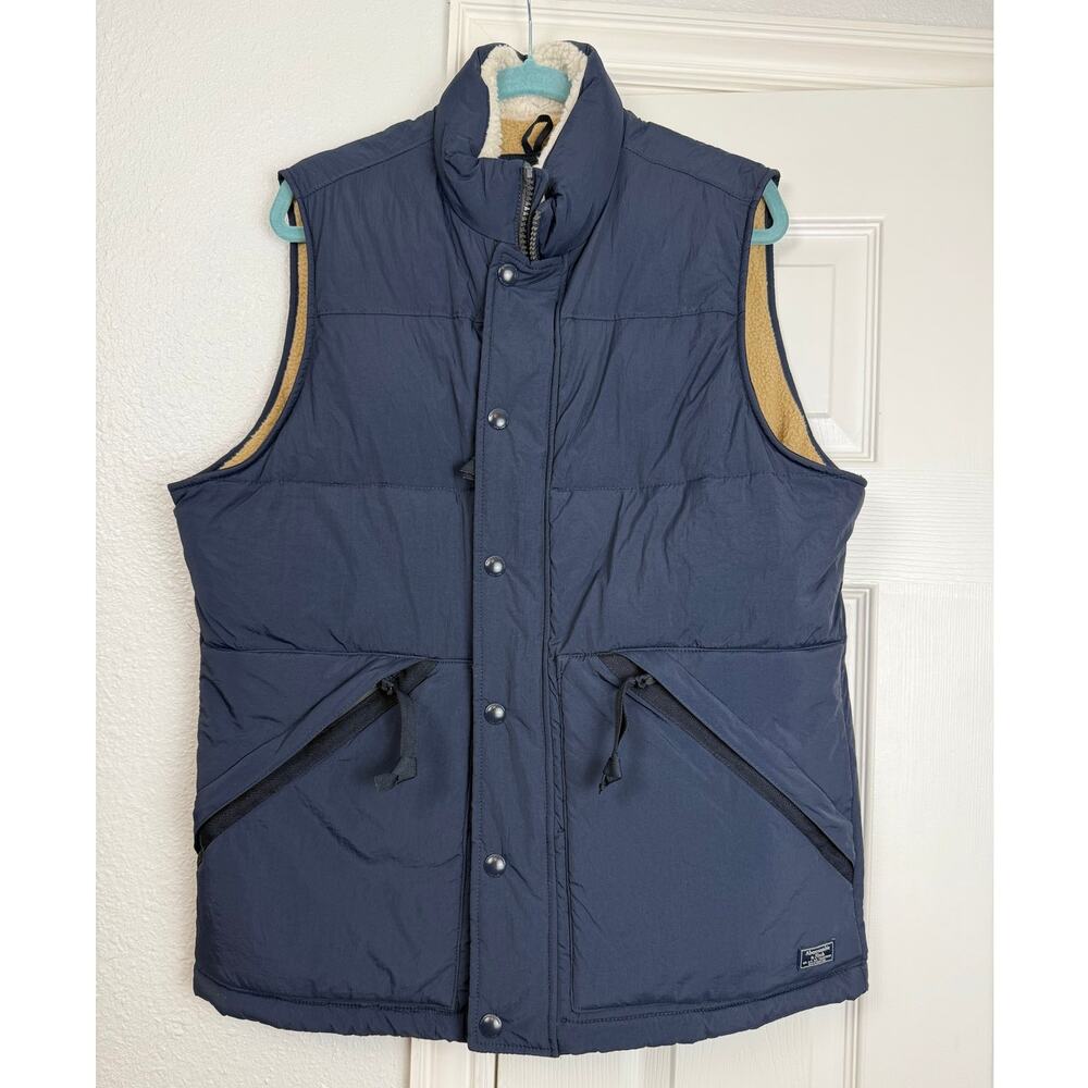 Abercrombie & Fitch Men’s Puffer Vest L Navy Fleece Lined Insulated Zip